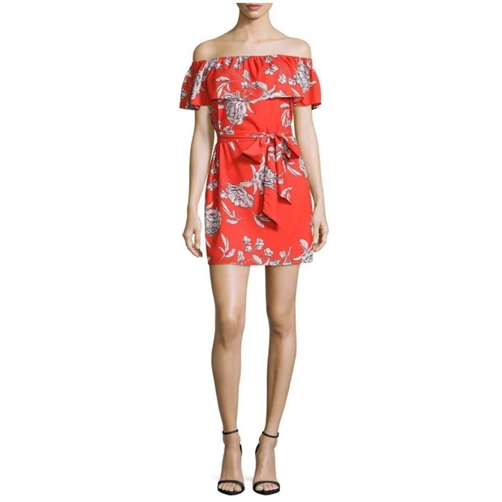 Yumi Kim Marquee Mini Dress Red Floral Off Shoulder Poppy Red Ruffle Tie Waist
